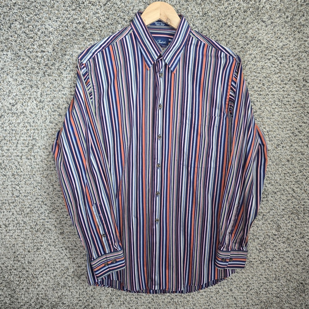 Paul Fredrick Shirt Mens Medium Blue Striped Sport Button Up Cotton Long Sleeve‎